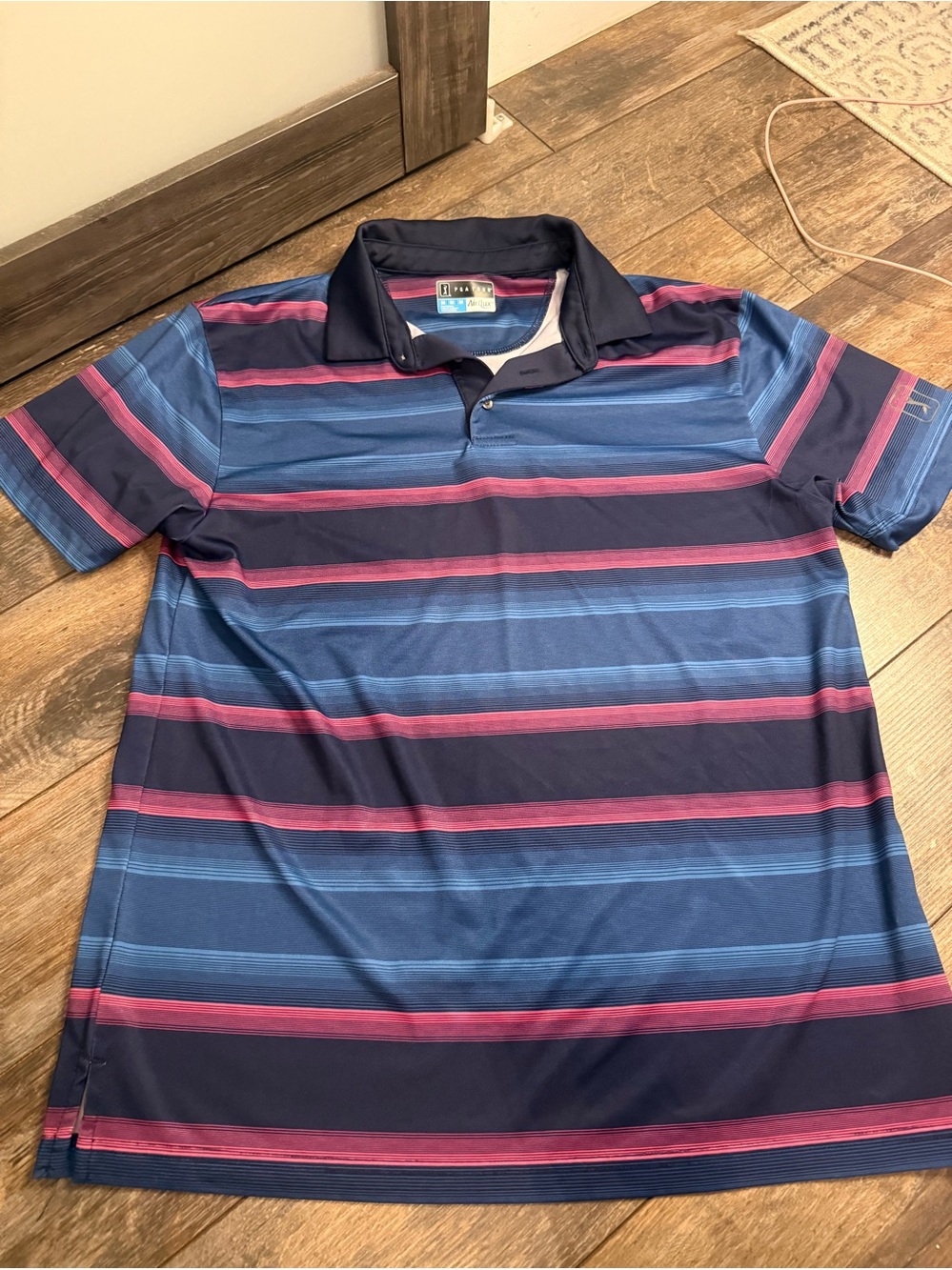 PGA Tour Men's medium Striped Polo Shirt - Navy, Blue & Pink